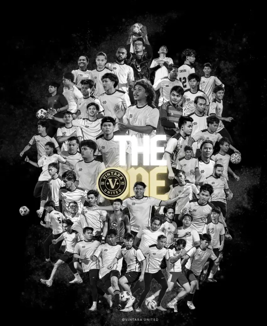 The Vintara United squad: a black and white poster of the players, titled The One